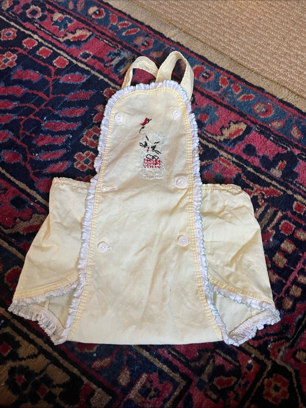 Antique Yellow Ruffle-Trim Kids onesie with Embroidered cat